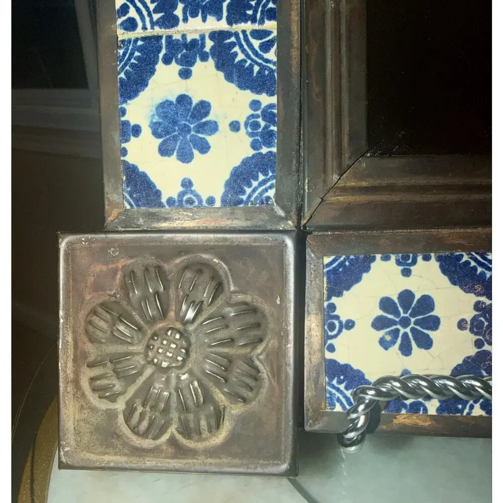 Vintage Mexican Talavera Tile Tin Wall Mirror Blue White Folk Art 20 x 12